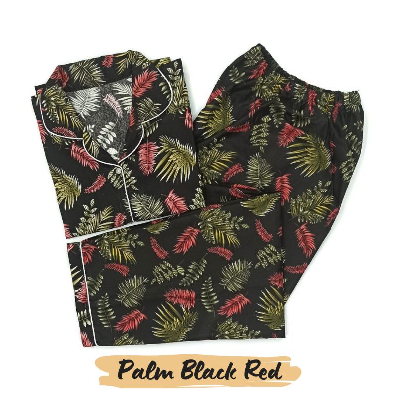 Baju Tidur Wanita | Piyama Wanita Kekinian | Oneset Setelan Wanita Bahan Katun Polymicro Bebas Pilih Motif-Palm Black Red