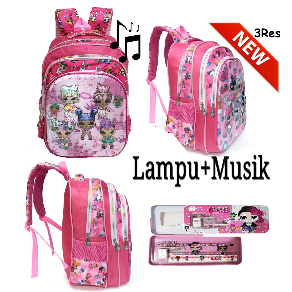 PROMO CUCI GUDANG Tas LAMPU DAN MUSIK Ransel Anak Perempuan Cantik 5D Timbul Hologram Import