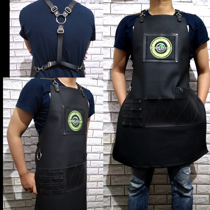 Apron Barbershop Celemek Cukur rambut Apron Barista Celemek Cafe full synthetic leather for barberman  include request bordir logo