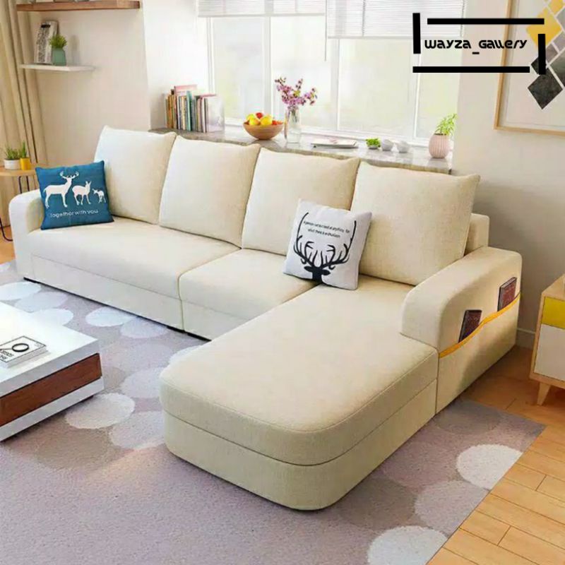 Sofa Letter L Minimalis Modern / Furniture Kayu Jati Putih Tulang