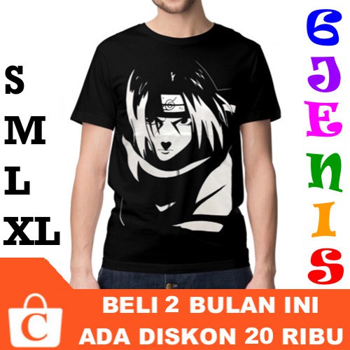 6 JENIS S M L - Kaos Pria Lengan Pendek Polos Oblong Distro Sablon Uchiha Itachi HITAM - 05