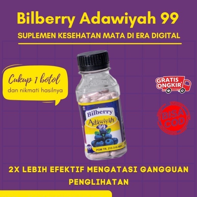 Kapsul Bilberry Adawiyah Original - Kapsul Bilberry Adawiyah Asli - Vitamin Mata Herbal - Suplemen Mata Alami - Obat Mata Katarak - Obat Mata Plus - Obat Mata Minus - Obat Mata Berlemak - Nutrisi Mata Herbal - Bilberry Adawiyah 99 Asli Original