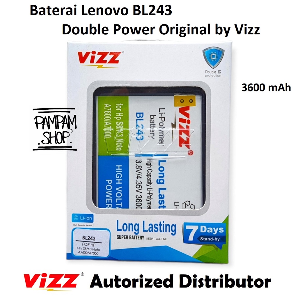 Baterai Vizz Double Power Original Lenovo BL243 A7000 K3 Note K50 T5 A7700 Plus A7000+ Batre Batrai