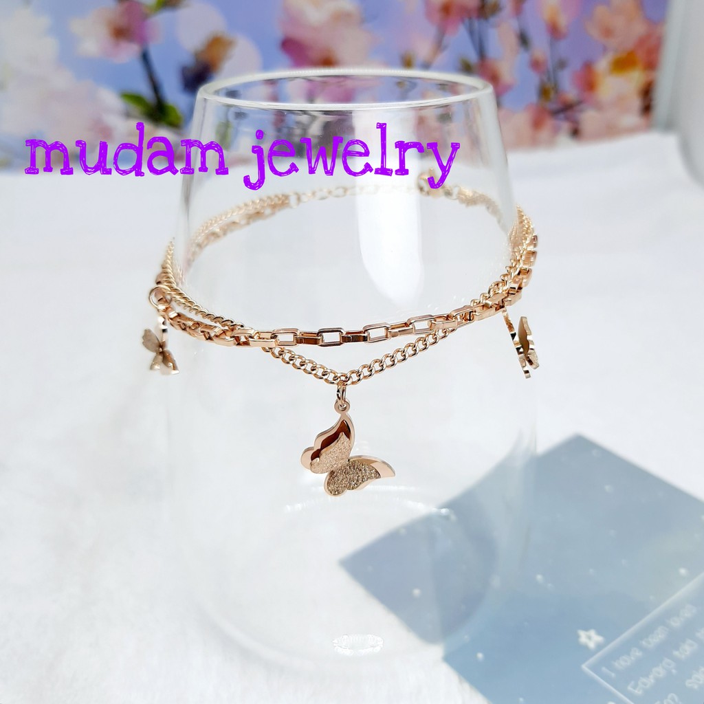 Gelang Rantai Titanium Dua Leyer Dengan 3 Kupu-Kupu Tersedia Warna Rose Gold,  Gold dan Silver