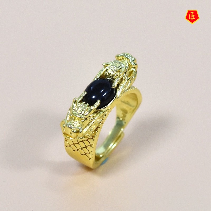 [Ready Stock]Gold Inlaid with Jade Gem Two Dragons Open Ring