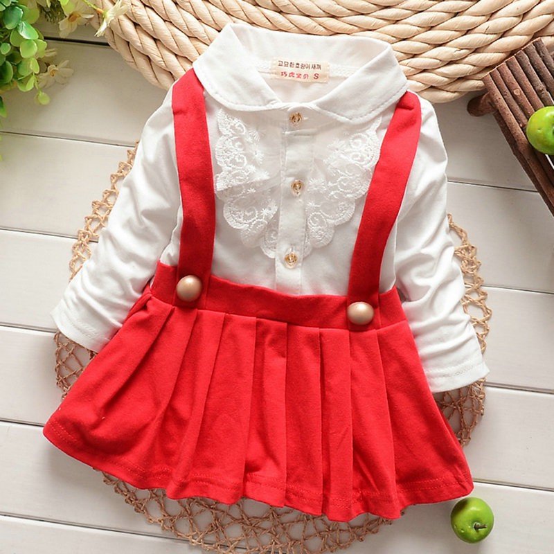 Korea Baby Girl Sweet Floral Cotton Ruffle Lapel Pleated Long Sleeve Dress