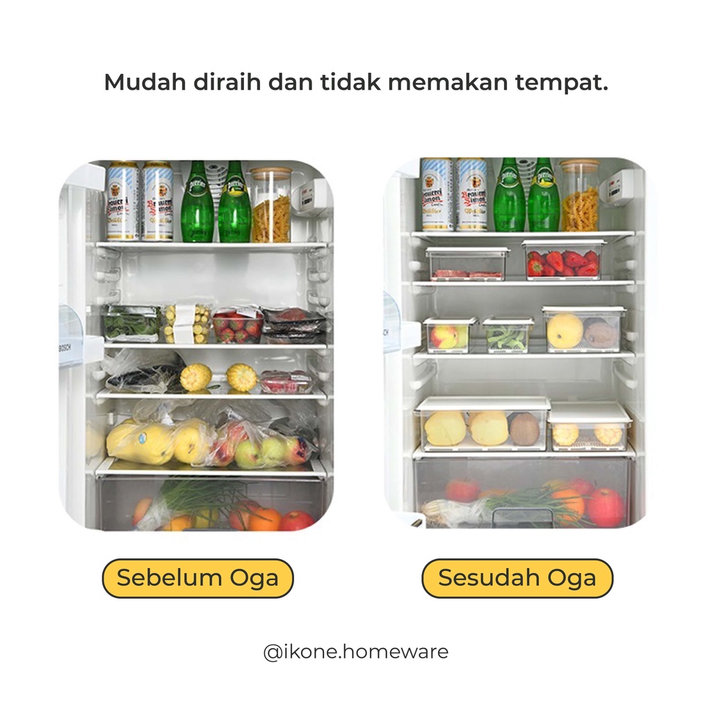 【IKONE】OGA Kotak Kontainer tempat Penyimpanan Makanan Kulkas Daging Sayur Buah Cabai Fridge Freezer Storage Box bening Putih Estetik Transparan Multi Fungsi Tupperwear Saringan Container Box Drainer Serbaguna Organiser Box