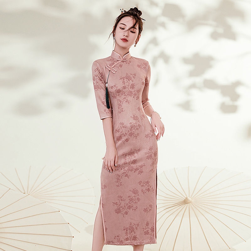 Retro Republic style cheongsam 2022 new spring long seven point sleeve high-grade powder temperament