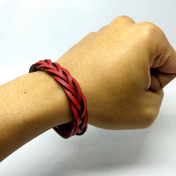 gelang anyam kulit asli warna merah - leather bracelet - PHAC296