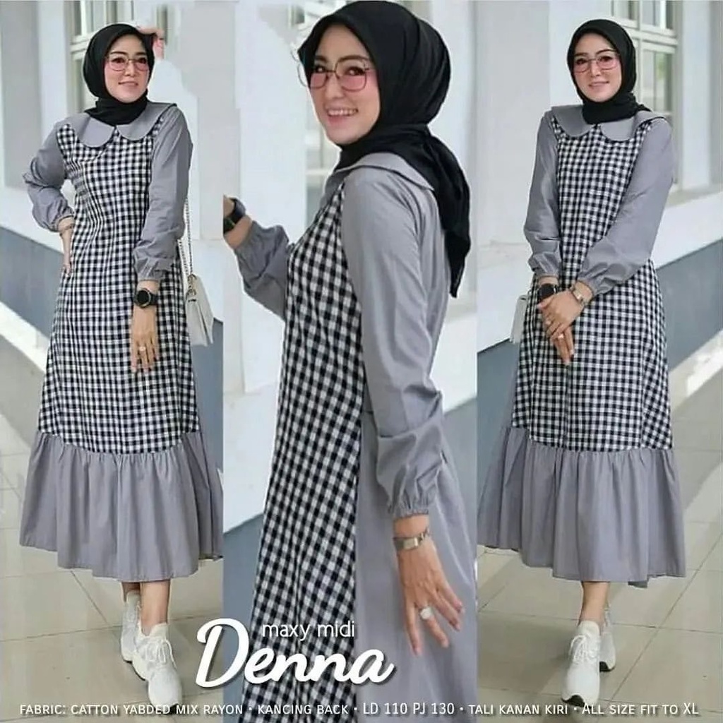 Jual MIdi Dress Denna Terbaru Matt katun Rayon Midi Dress Motif Kotak