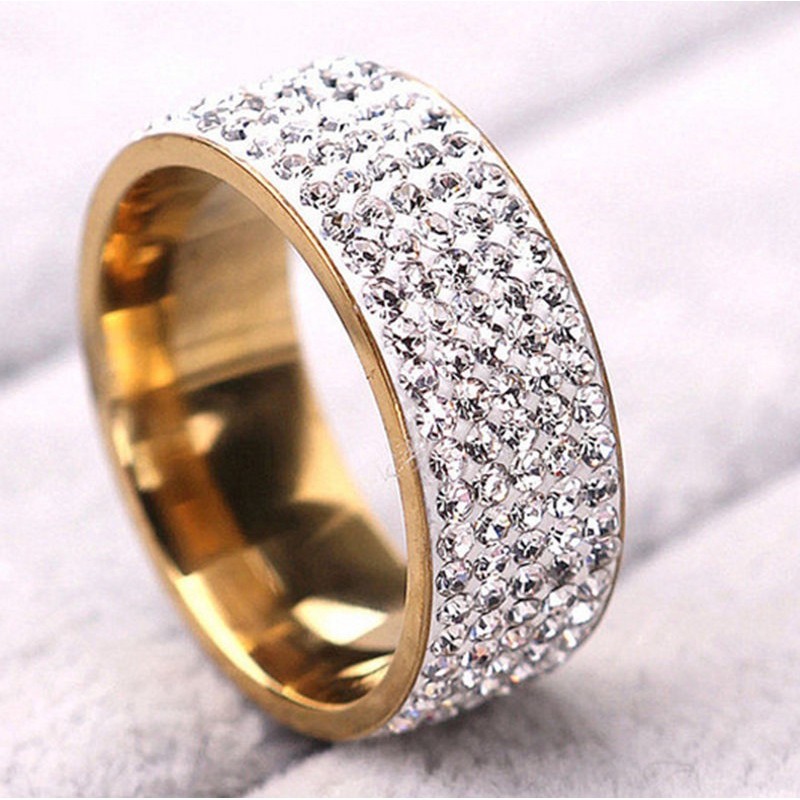 Cincin Tunangan / Kawin Bahan Stainless Steel Kristal Bening 5 Baris untuk Hadiah