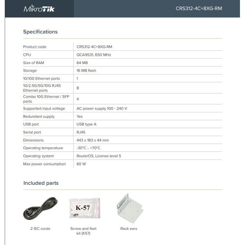 MikroTik CRS 312 4C+ 8XG RM CRS312-4C+8XG-RM