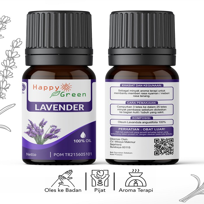 BPOM Happy Green Lavender Essential Oil (Minyak Lavender) 100% Pure Imported USA Pasti Murni