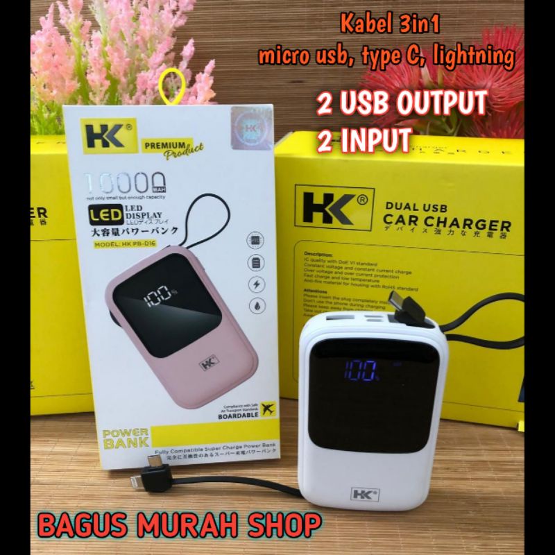 Powerbank Real Capacity 10.000 mAh Fast Charging 2 Output + kabel 3in1 micro usb type C lightning 2 Input Power Bank 10000mAh LED indikator