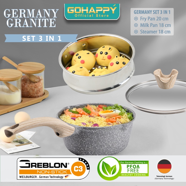 MIZUKI Set 3 in 1 Ligh Grey Germany Granite Gohappy Panci bayi anak Milk Pan 18cm fry pan 20cm MPASI AMAN Bebas PFOA