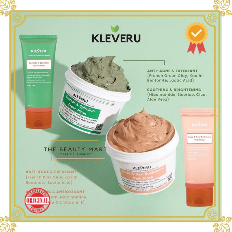 Kleveru Centella Spirulina Green Mask &amp; Rose Sea Buckthorn Pink Mask 120gr | 50g / Masker