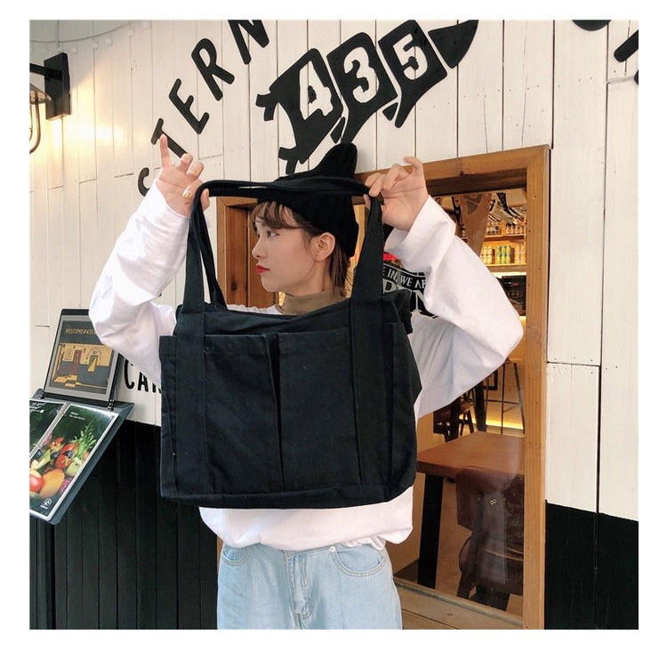 TC-137 tas canvas bahu simple hitam putih kampus sekolah korea jepang