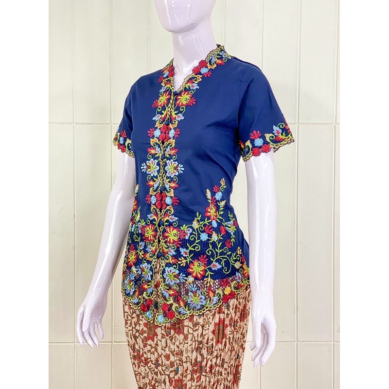 ESW01 - Daliyu KEBAYA ENCIM LENGAN PENDEK BORDIR WARNA Katun Stretch / S M L XL-Navy