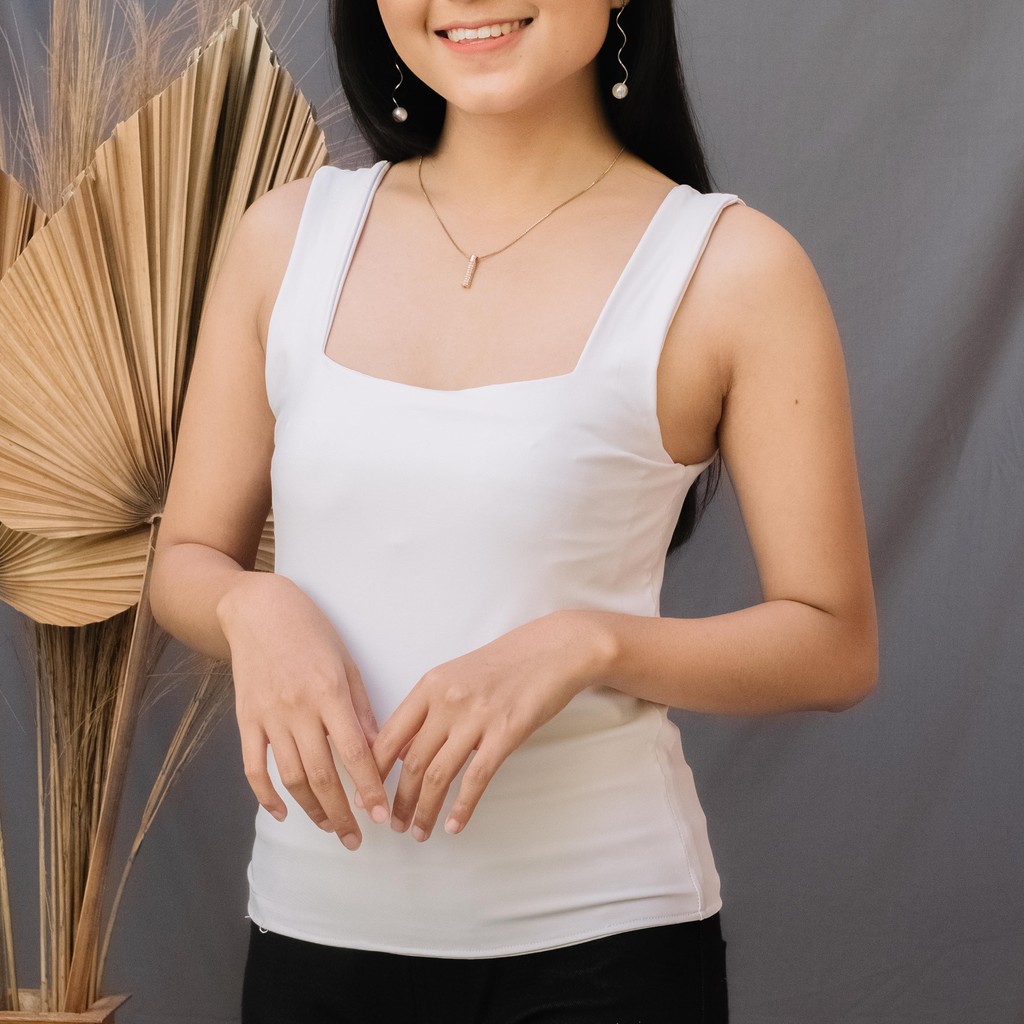 Firstact TANKTOP TANK TOP TANGTOP WANITA POLOS BASIC TALI BESAR SQUARE SPANDEK JERSEY-Putih