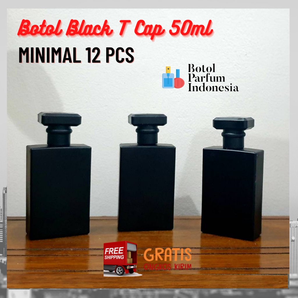 BOTOL PARFUM SPRAY KACA KOSONG 50 ML (PETAK BLACK T CAP - BOTOL CHANNEL 50 ML)
