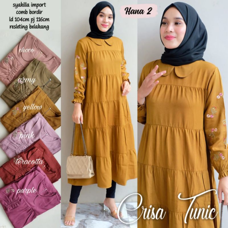 ATASAN WANITA MUSLIM CRISA TUNIK SUSUN 5 BORDIR LENGAN POLOS HANA SYAKILA PREMIUM OOTD TlKT0K REAL