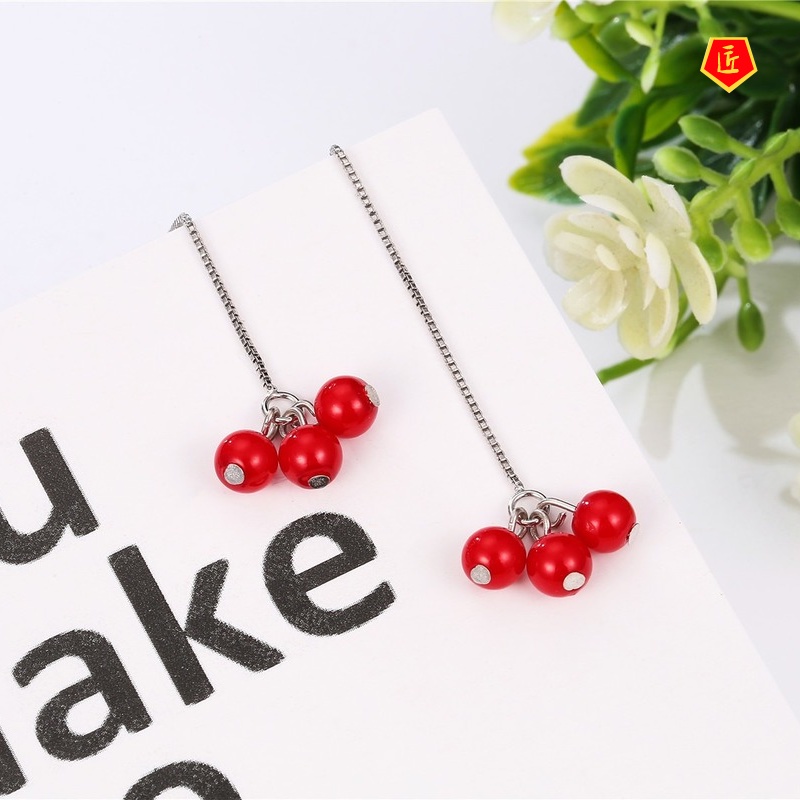 [Ready Stock]Temperamental Sweet Tassel Red Bean Stud Earrings for Women