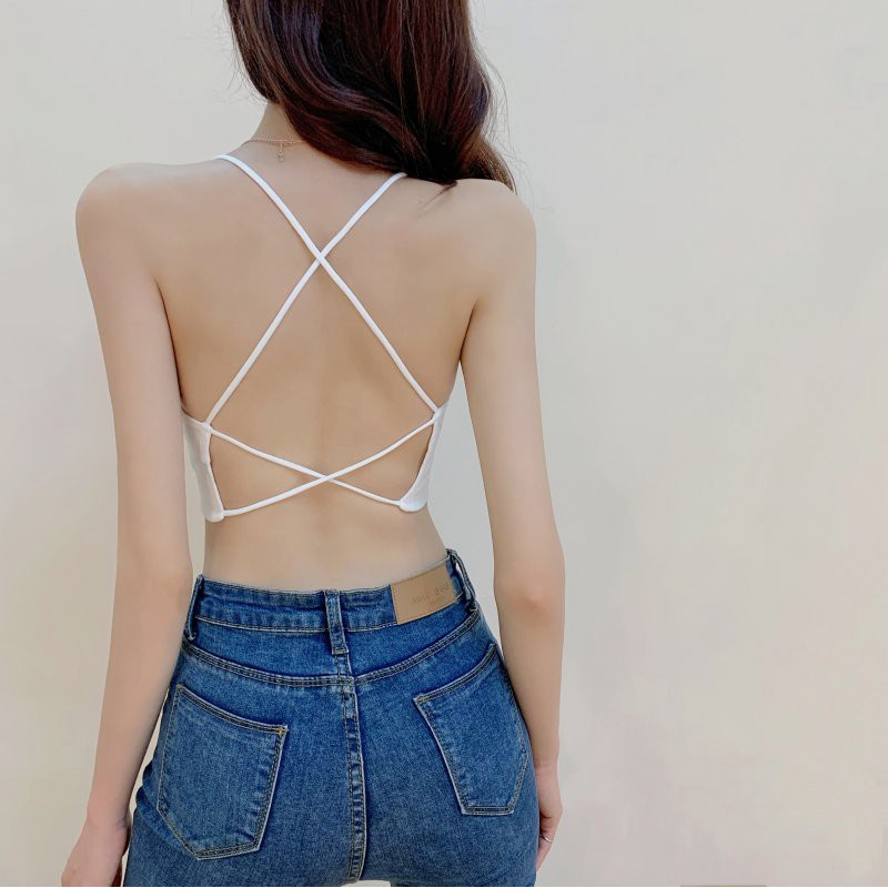 suhao Sexy Backless Tali Spaghetti Wanita Baru Gaya Barat Cross Kembali Pendek Slim-Fit Gambar Menya