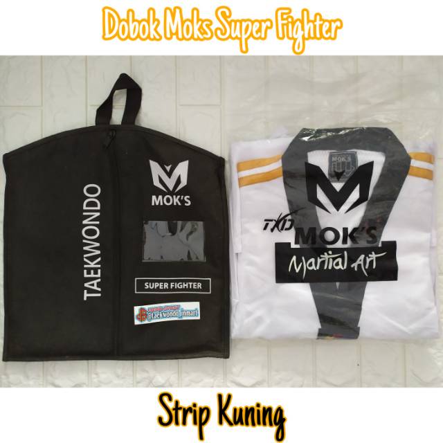 Dobok Taekwondo Super Fighter Moks Strip Kuning Kerah Hitam