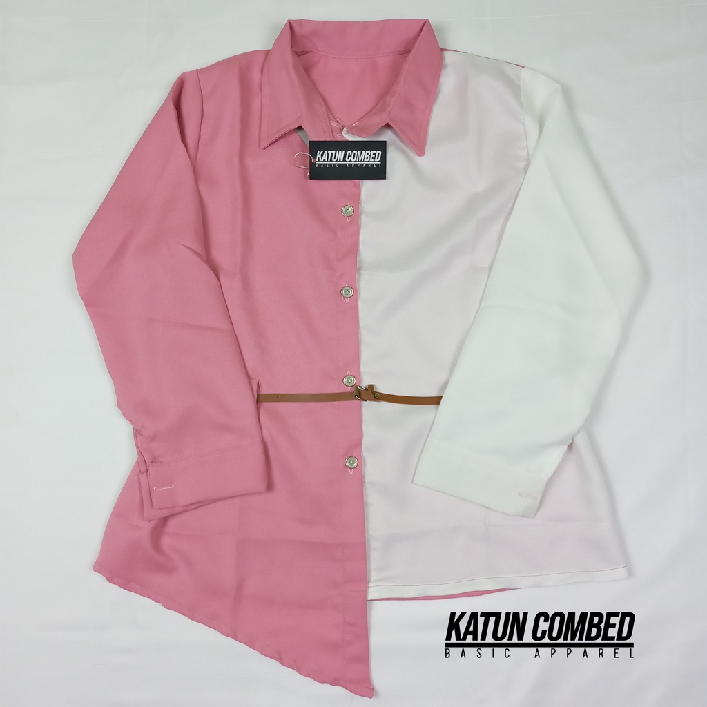 Kemeja Wanita Atasan Blouse Casual Polos Kombinasi Lengan Panjang Korean Style Model Ikat Pinggang-7