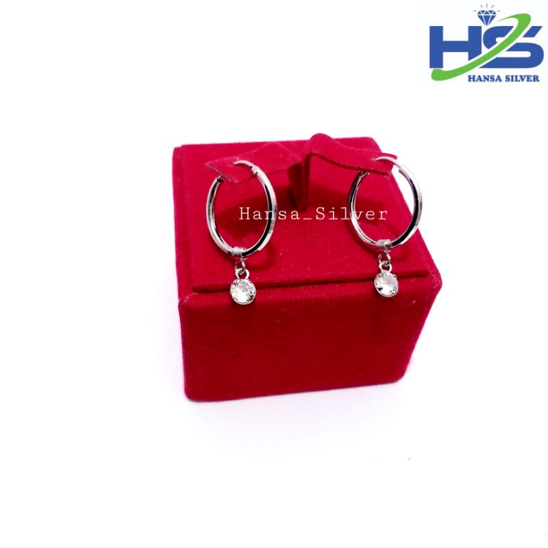 Anting Perak Asli Silver 925 Lapis Emas Putih Model Ring Bulat Polos Gantungan Permata Dan Love - Anting Wanita Anti Karat