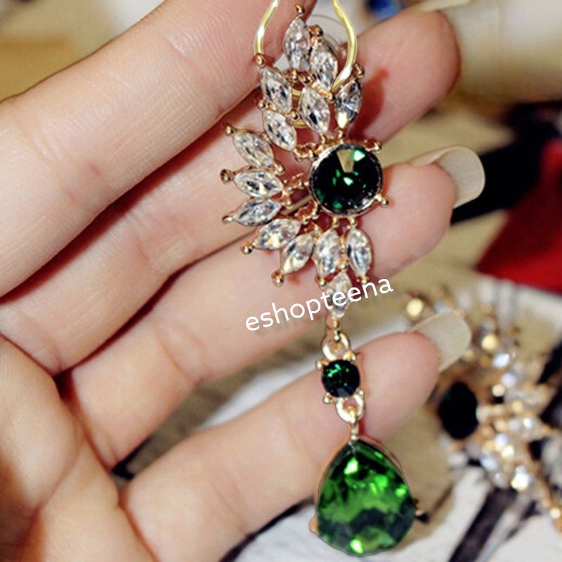 A114 anting hijab juntai full diamond green_anting jilbab