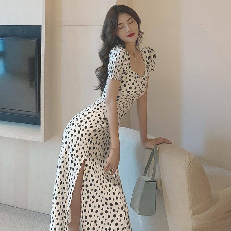 Putih Polka Dot Perancis Retro Gaun Wanita 2022 Musim Panas Square Kerah Pinggang Pelangsing A-line