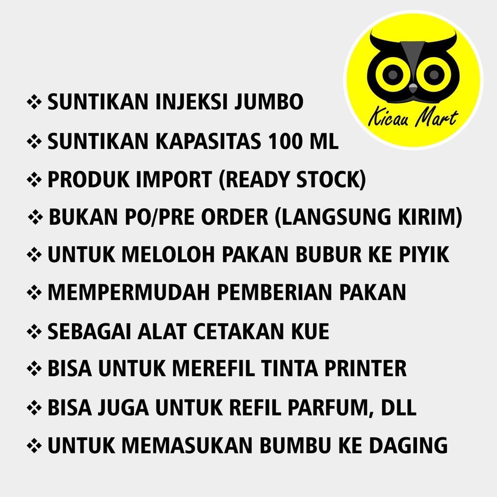 SPET LOLOHAN PARROT MACAU 100 ML NURI BAYAN KAKATUA BURUNG ALAT SUAP LOLOH BAYI PIYIK PARROT AFGREY MACAW KAKATUA 100 ML CC JUMBO SPETAN LOLOH ALAT INJEKSI KUE TINTA PRINTER REFFIL