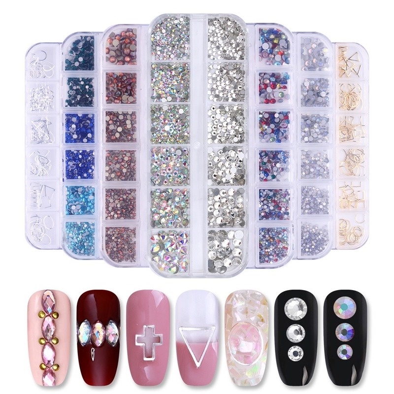 12 Grid / Set Ornamen Kristal Berlian Imitasi 3D Glitter Kaca Gem Sequins AB Untuk Dekorasi Nail Art