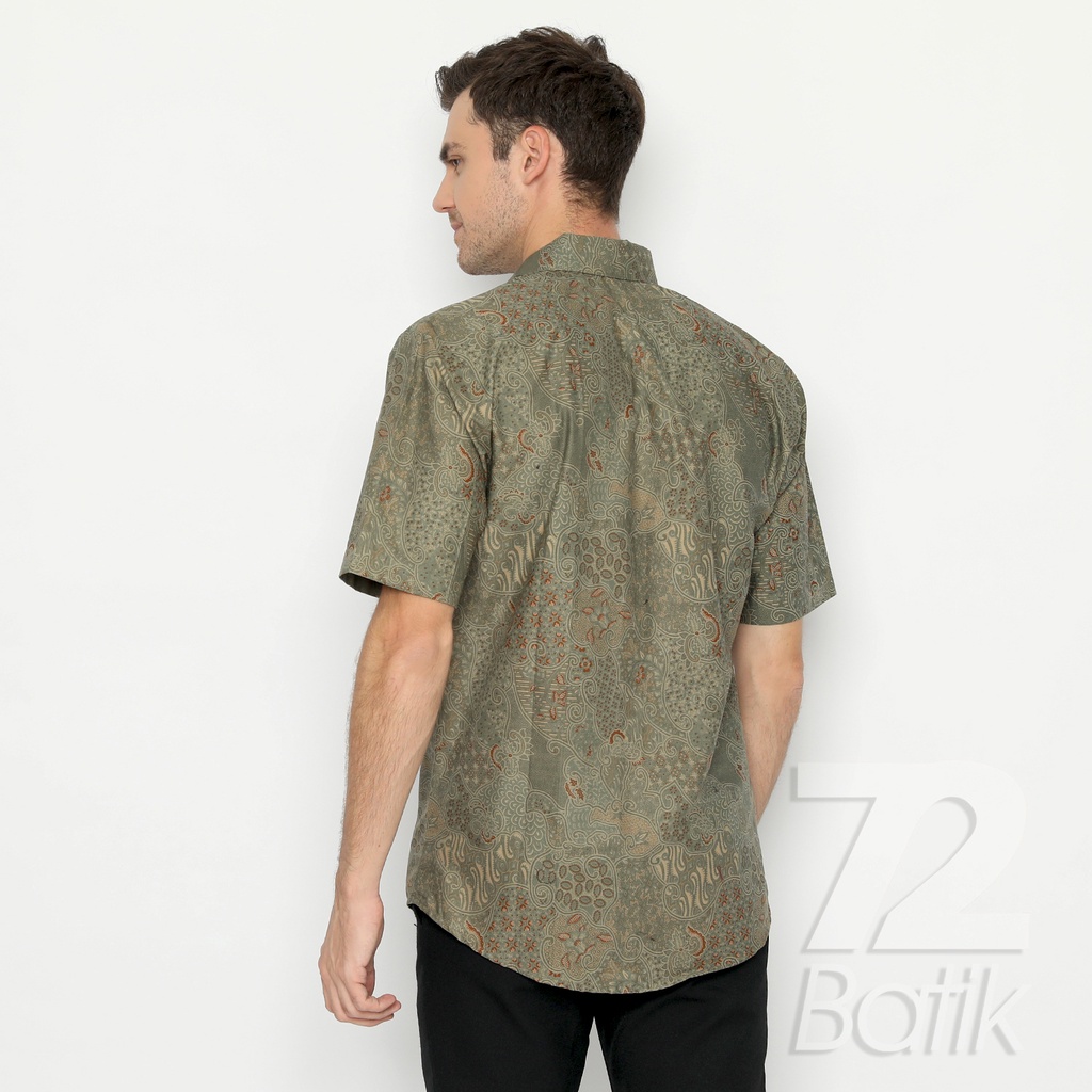 KEMEJA BATIK PRIA Lengan Pendek Motif Sekar Jagad Hijau Warna Alam 721229 Cap 72