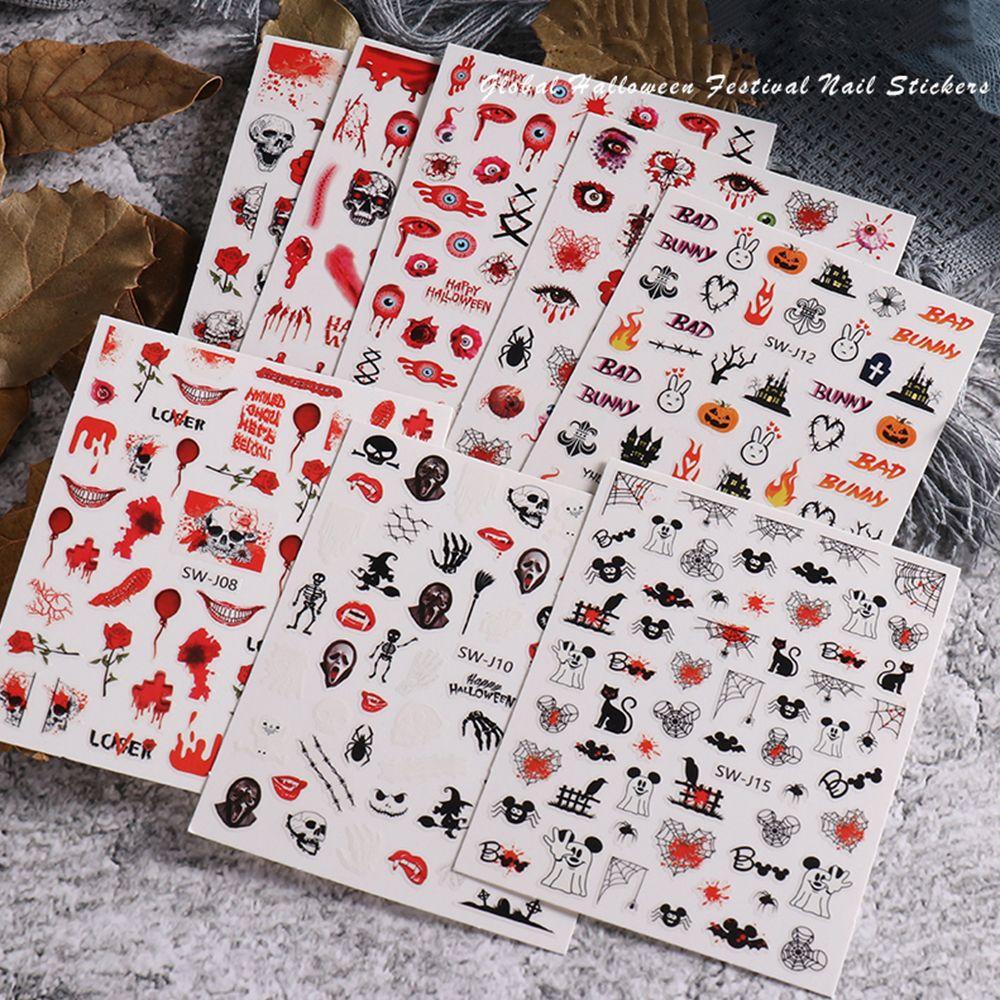 AUGUSTINA Agustina Halloween Stiker Kuku Hantu Kartun DIY Perekat Diri Aksesoris Manicure Skeleton Nail Tips Decal