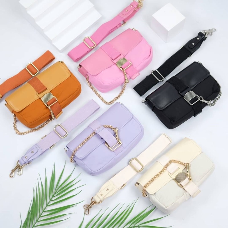 Tas Parasut Kanvas Selempang Wanita CK Canvas Slingbag Premium Import, Hitam Black Merah Muda Pink U