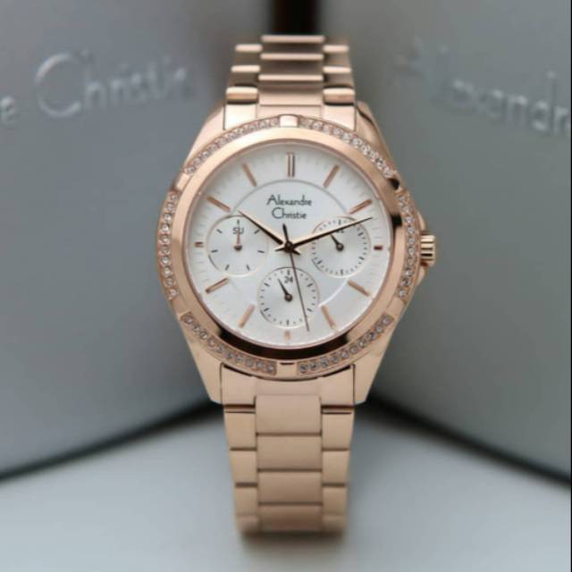 ORIGINAL JAM TANGAN WANITA ALEXANDRE CHRISTIE CEWEK ROSEGOLD WHITE RANTAI ALEXANDER CRISTIE AC 2826