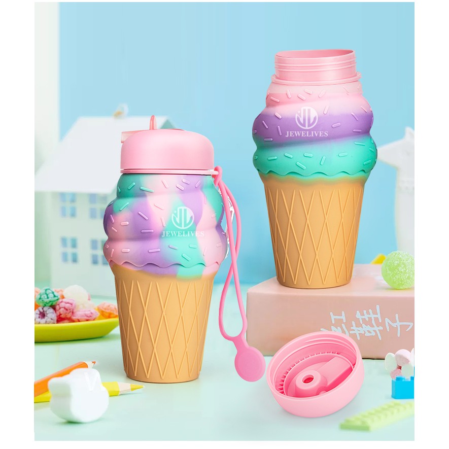 Botol Minum Anak Lipat Silikon Sedotan | Tumbler Minimalis Karakter Ice Cream