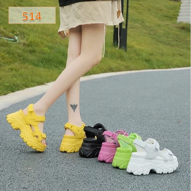 Sandal Gunung Tali Wanita Patuha Fahion Kasual Korea Sol Tebal 5 Cm Hitam Hijau Kuning Pink Putih (514)