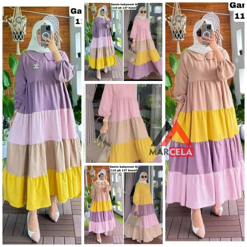 MARCELA - KEKINIAN GAMIS MIDI SUSUN BABYMOST || Dress susun pelangi lengan panjang || Dress Susun Ko