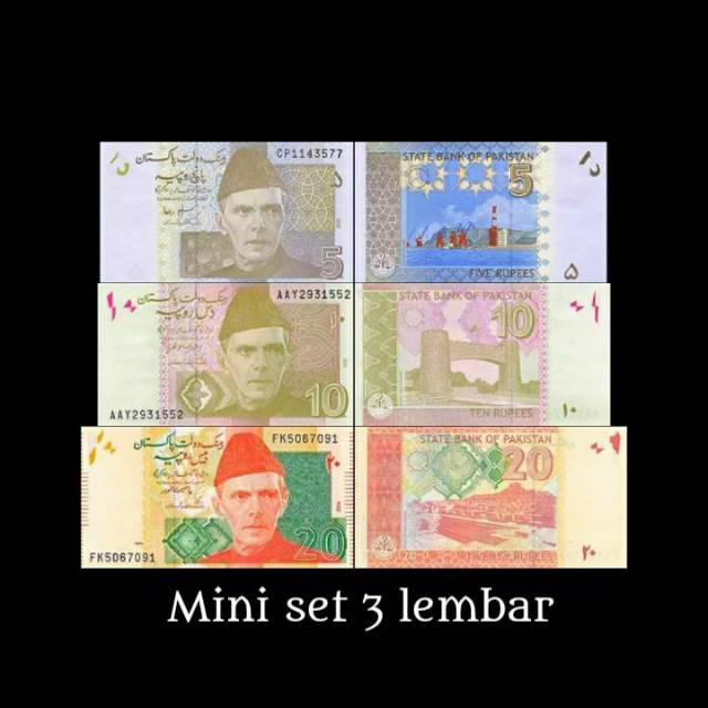 Uang Asing Pakistan 5 10 20 Rupee unc gress set 3 lembar Varian tahun acak