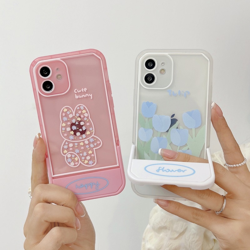 Casing iPhone 11 12 13 Pro MAX X XR XS MAX 7 8 Plus Motif Kelinci Tulip pink Dengan Stand