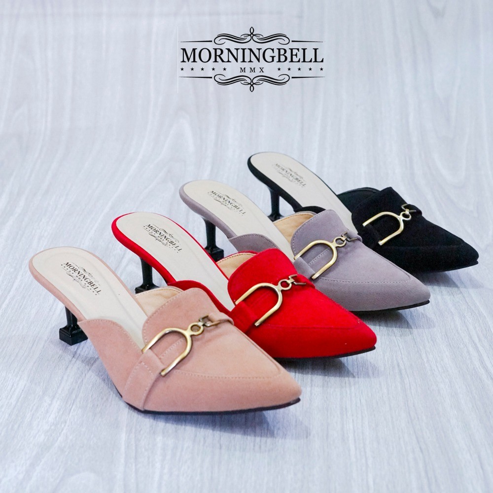 morningbell - high heels sandal wanita mules suede 5cm