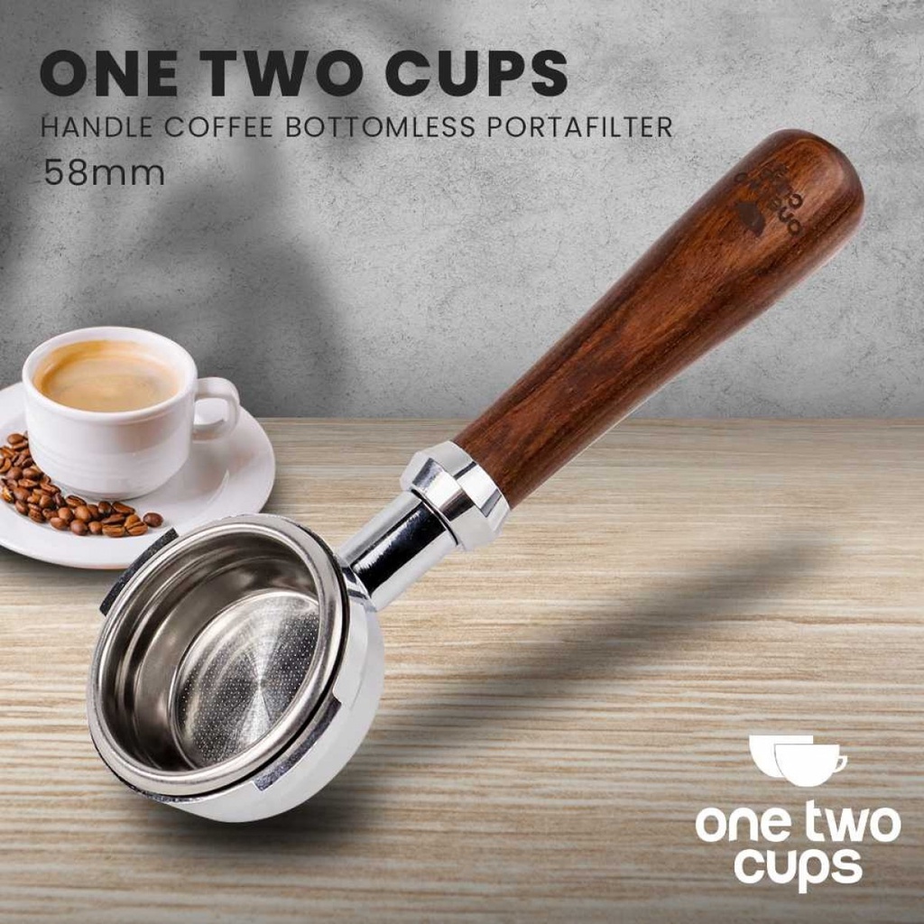 Handle Coffee Bottomless Portafilter 58mm Gagang Kayu Temper Stainless