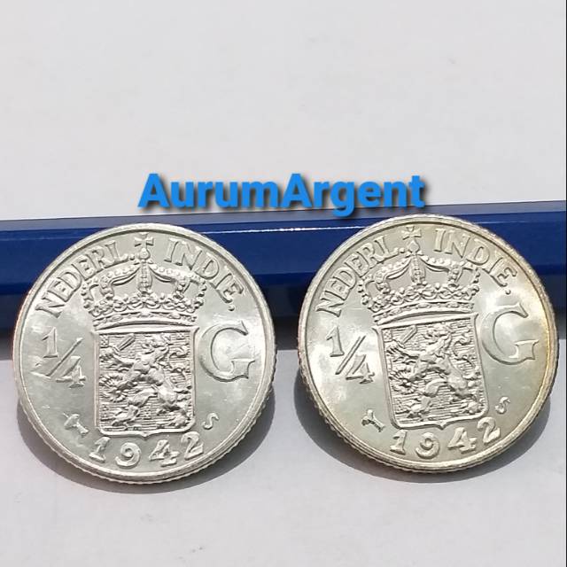 SA99-- 2 PC KOIN PERAK KUNO ASLI 1/4 GULDEN NEDERL INDIE TH 1942. -- SILVER COIN --
