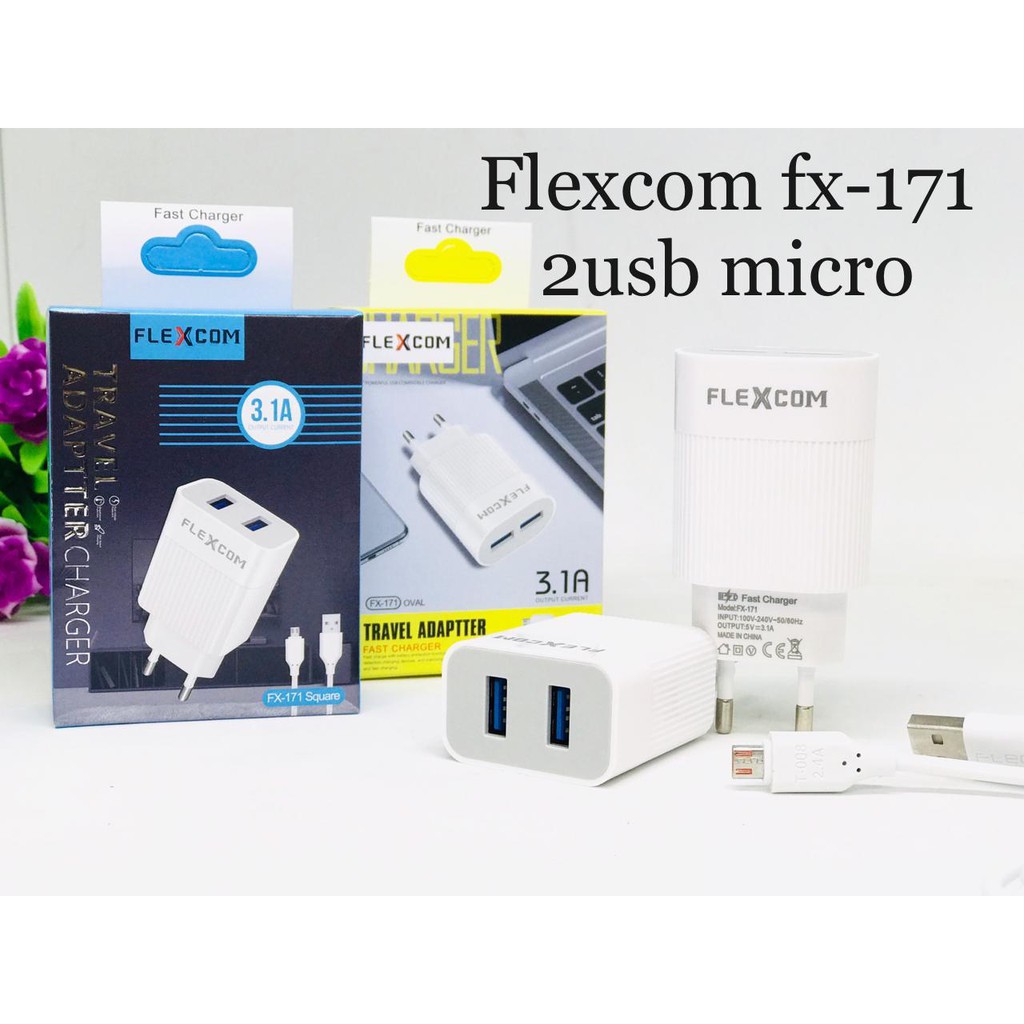 FLEXCOM CASAN CHARGER 3.1A 2 USB MICRO FLEXCOM KODE FX-171 ADAPTER+ KABEL