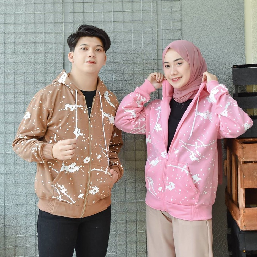 Jacket Couple Blotches Hoodie Zipper Bahan Fleece  Jacket Atasan Wanita Terbaru