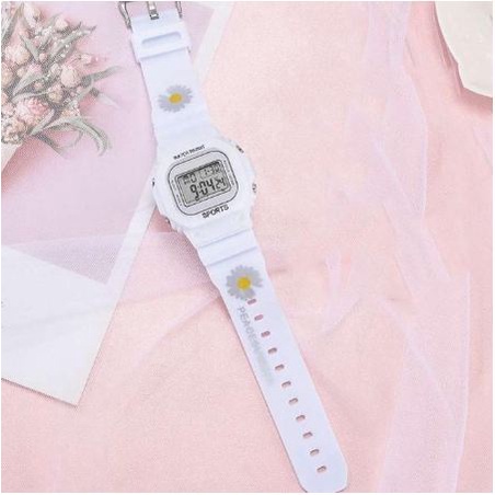JAM TANGAN DIGITAL WANITA MOTIF BUNGA KOREA STYLE RUBBER-Bunga putih