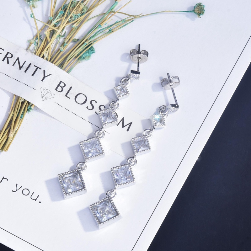 Fancyqube Anting Tusuk Gantung Panjang Silver 925 Desain Geometri Kotak Hias Zircon Aaa Untuk Wanita